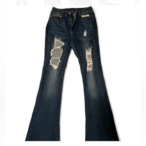 SHEIN Dark Blue Distressed Wide Leg Jeans